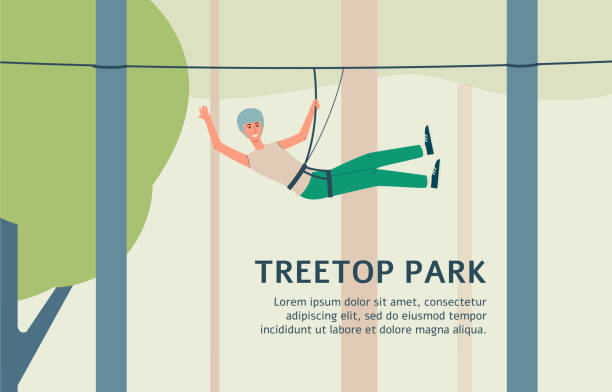 Treetop park banner with man riding zip line rope with safety harness Treetop park banner with man riding zip line rope with safety harness and helmet. Outdoor summer entertainment course ad template - flat cartoon vector illustration. zip line stock illustrations