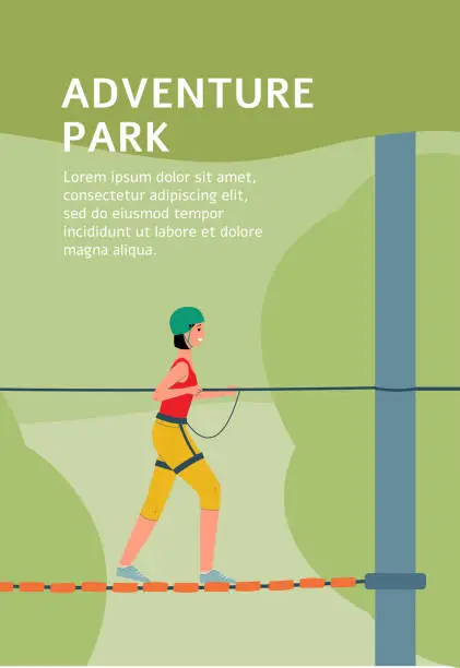 Vector illustration of Adventure park poster template with cartoon woman in helmet on rope bridge