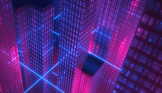 Modern and futuristic skyscrapers at night illuminated by a network of bright blue and magenta light beams. Surreal atmosphere with neon colors, almost resembling scenes from a fantasy videogame or dystopian world. Seen from above, with bright street lights giving a psychedelic effect. Digitally generated image.