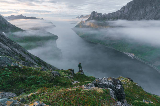 istock Man hiking in mountain on Senja island 1218231745