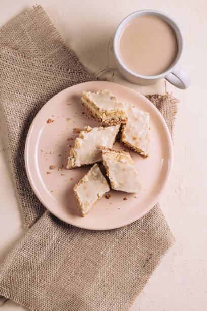 istock Cottage cheese cheesecake slices on a plate, breakfast with tea, side view 1218231992