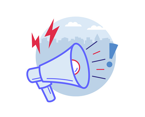 Bullhorn or loudspeaker or megaphone announcing the news, promotion, outbound marketing. Technology trigger about emerging something new.