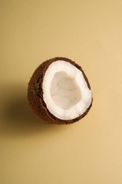 istock Single coconut fruit on cream yellow plain background, abstract food tropical concept, angle view copy space 1218233249