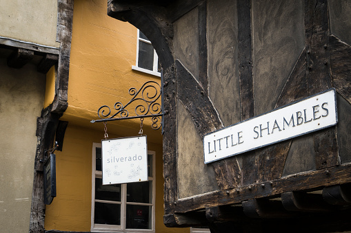 Facade of a house with the name of the medieval district of Little Shambles in the English city of York.