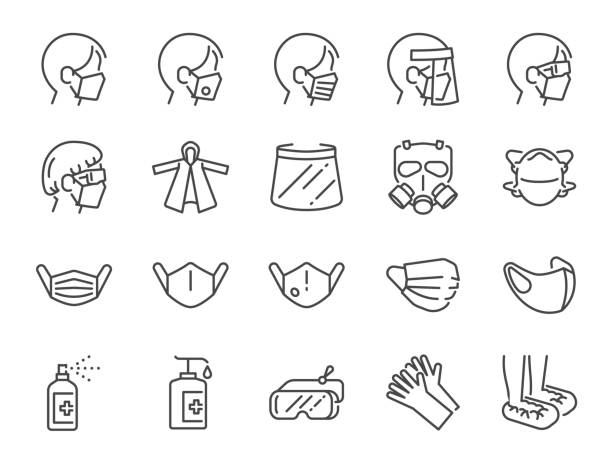 zestaw ikon linii urządzeń zabezpieczających covid-19. zawiera ikony, jak maska na twarz, maska 3d, tarcza na twarz, gogle, żel alkoholowy, pakiet ppe i wiele innych. - protection mask stock illustrations