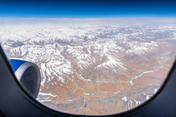 istock Fascinating Ladakh mountain range sight from the airplane window 1218235356