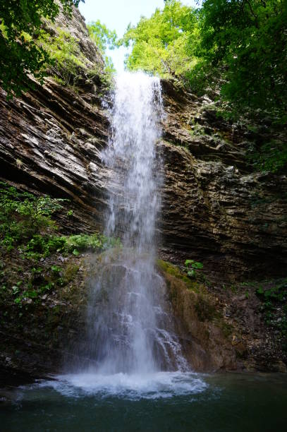 istock Beautiful waterfall in the mountains. Waterfall in a wooded area. 1218236443