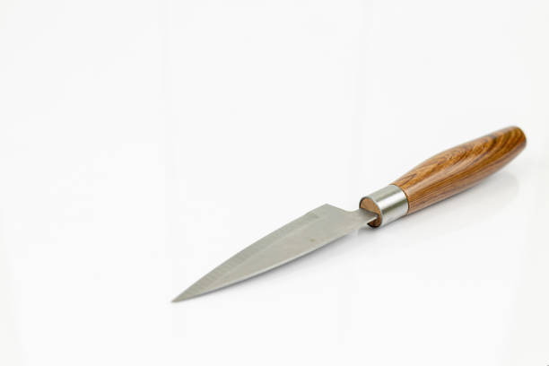 istock Kitchen knife with brown grip isolated above white background with copy space 1218237478