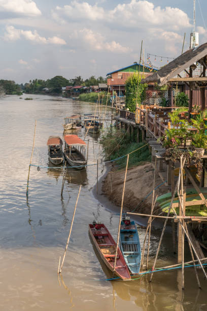 bateaux et maisons le long du mékong à don dhet, laos - siphandon photos et images de collection