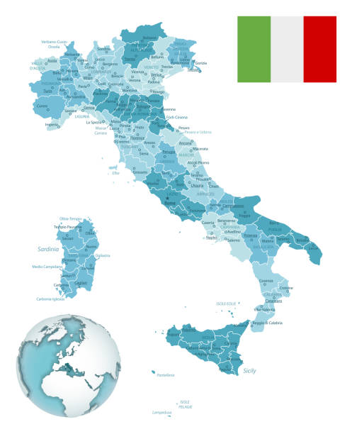 italien administrative blau-grüne karte mit landflagge und lage auf einem globus. - all european flags stock-grafiken, -clipart, -cartoons und -symbole