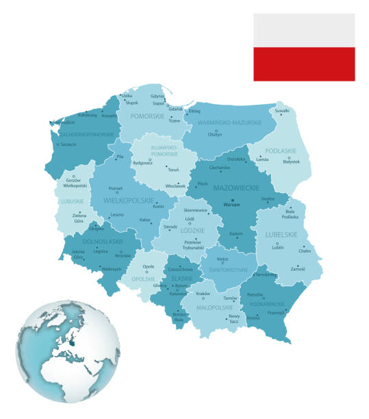 polska administracyjna niebiesko-zielona mapa z flagą kraju i lokalizacją na kuli ziemskiej. - poland stock illustrations
