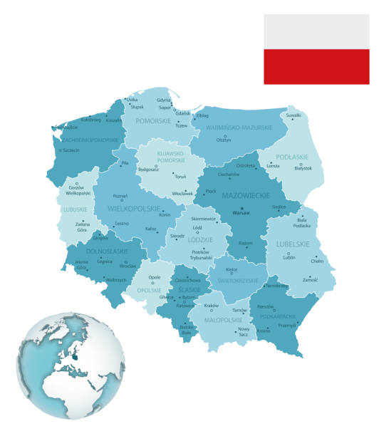 polska administracyjna niebiesko-zielona mapa z flagą kraju i lokalizacją na kuli ziemskiej. - map poland stock illustrations