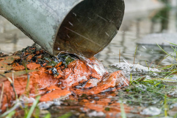 istock Heavy rain outdoors. Drains are filling with water. Gutter pipes flooding. Close up 1218245607