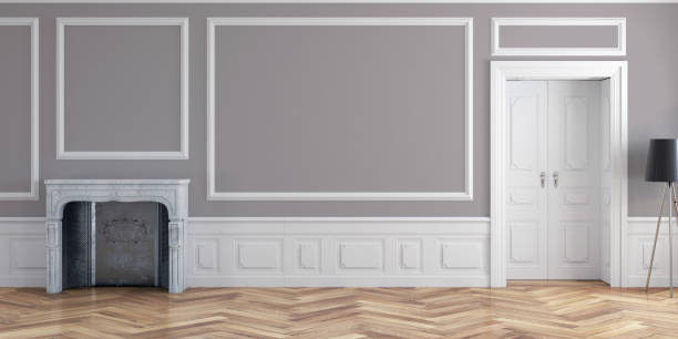istock Empty glamour antique living room with decoration and fireplace left 1218245633
