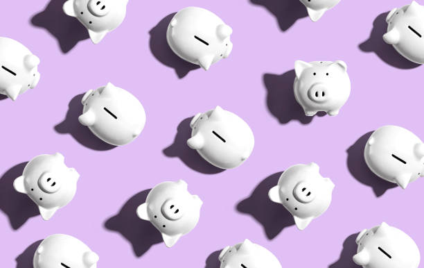 istock White piggy banks overhead view 1218245849