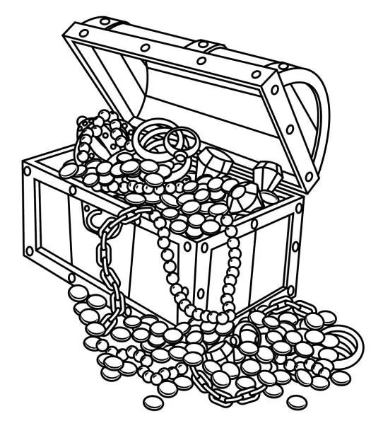 Vector illustration of Black and White, Treasure Chest Gold Coins