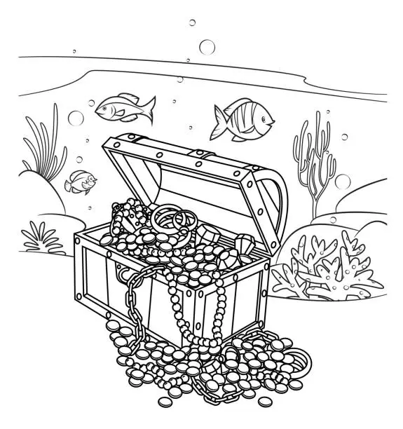 Vector illustration of Black and White, Pirate's Treasure under the Sea