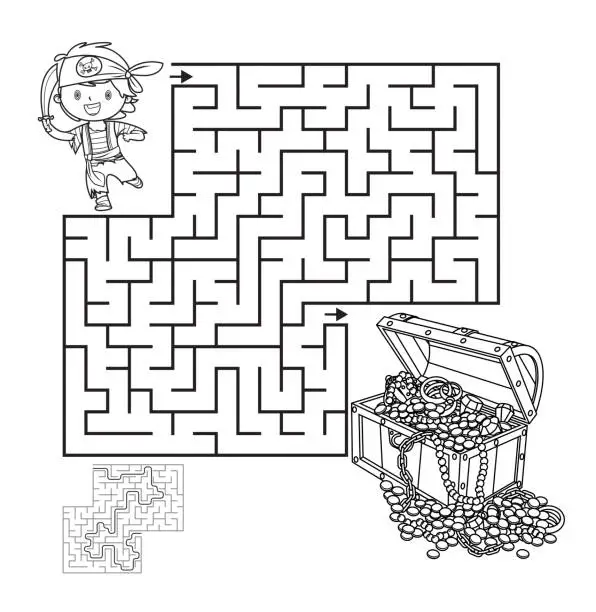 Vector illustration of Maze with pirate and treasure