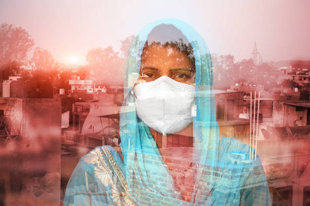 double exposure image of young women standing against city buildings against covid-19 - serious women asian ethnicity human face imagens e fotografias de stock