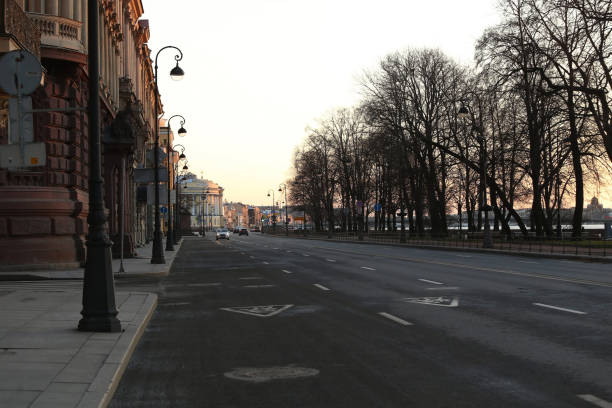 New Government measures telling public to stay at home for at least four weeks to help combat Coronavirus spread. Empty streets Saint-Petersburg City centre.