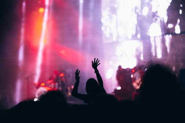 menschenmenge jubelt bei einem musikfestival in new york - crowd surfing stock-fotos und bilder