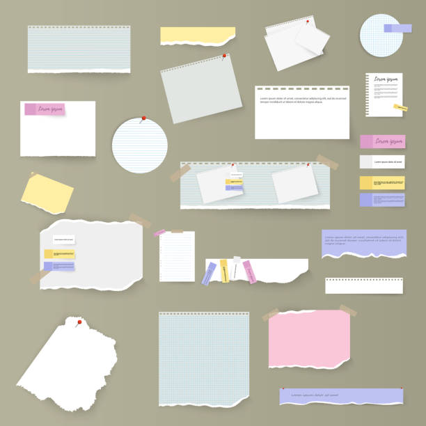 illustrazioni stock, clip art, cartoni animati e icone di tendenza di quaderno fogli strappati. - paper document adhesive note backgrounds