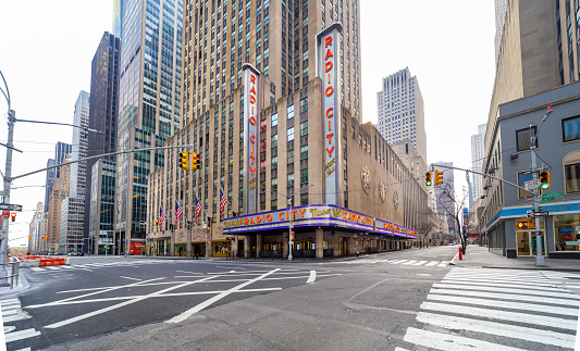 Manhattan, New York, USA - April 5, 2020:  New York City Radio City Music Hall on lockdown and social distancing was put in place to prevent the spread of Covid-19, the coronavirus pandemic