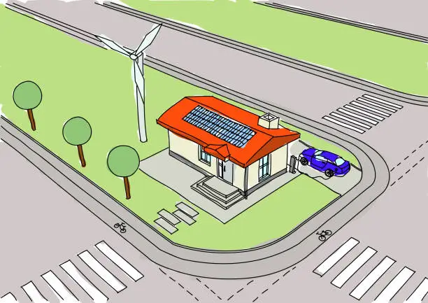 Vector illustration of Tiny House Drawing with Sun and Wind Power