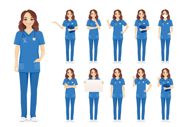 ilustraciones, imágenes clip art, dibujos animados e iconos de stock de juego de personajes de enfermera femenina - nurse