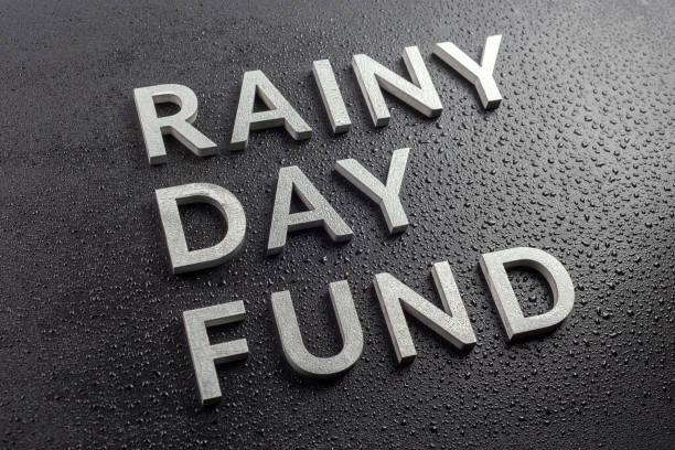the words rainy day fund laid with silver metal letters on black background, covered with water drops, diagonal perspective, selective focus - beginnings letter b planning letter a imagens e fotografias de stock