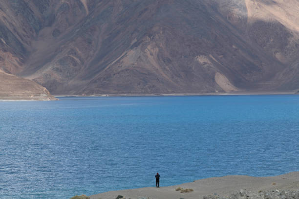 Leh,ladakh,Jammu And Kashmir India-October 18 ,2019:Pangong lake view and photos with beautiful mountain and water.