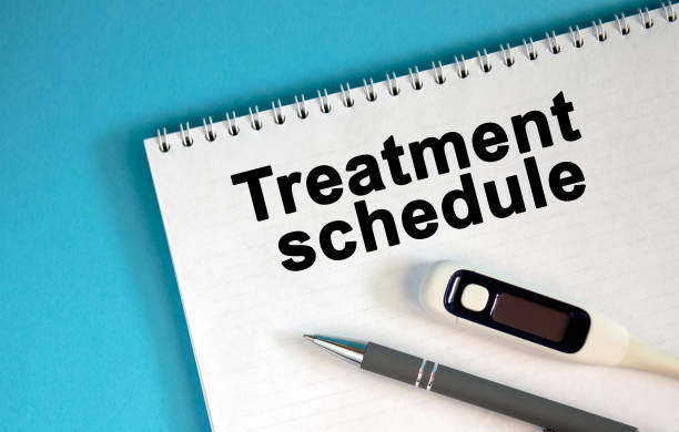 istock TREATMENT SCHEDULE - text on a notepad. Lie a pen and a medical thermometer 1218267965