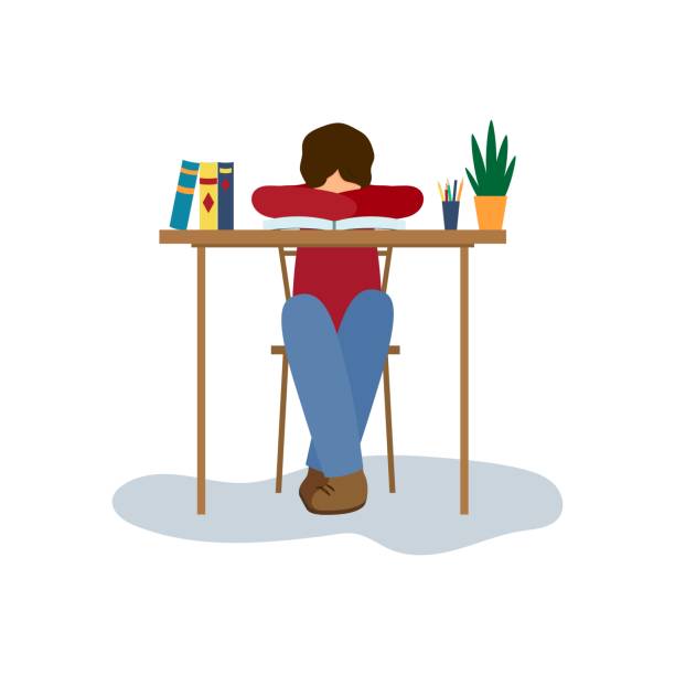 Vector illustration of tired, weary school boy, student at home education. Vector illustration of tired, weary school boy, student at home education isolated on white background. Exhausted boy, worker sitting at the table. Teenager put head on opened book, burnout concept. bored teen stock illustrations