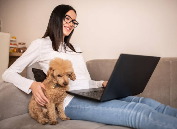 istock Young woman working at home while petting her dog. 1218270549