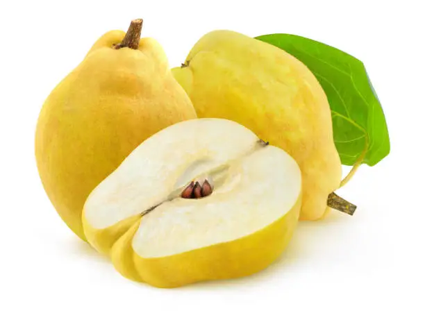 Isolated quinces. Two fresh quince fruits and a half ith seeds isolated on white background