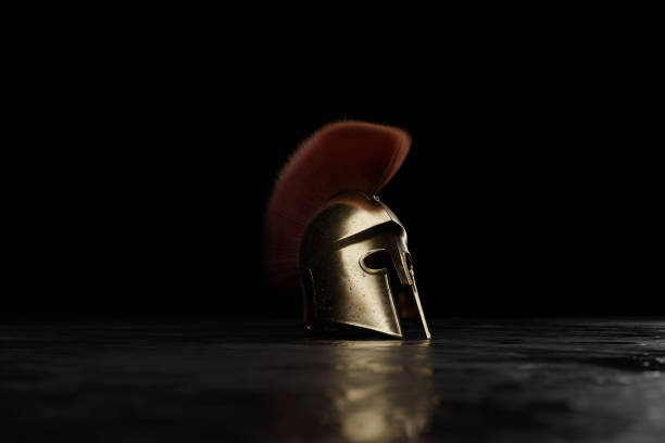 3d rendering of ancient greek Sparta type helmet layed on reflection surface