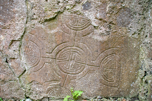 Carving at Teampall Naomh (Church of the Saints), Inchagoil Island, Lough Corrib, Ireland (500AD)