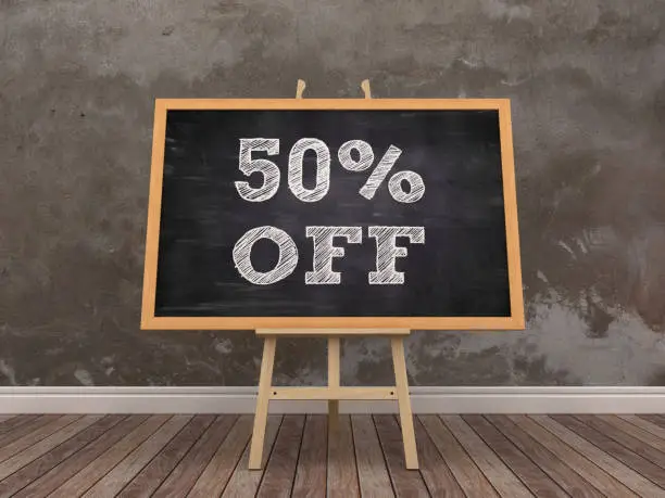 Photo of Easel with 50% OFF Word on Chalkboard Frame - 3D Rendering