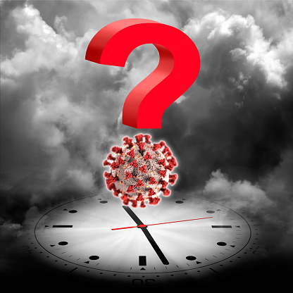 Conceptual pandemic concept of red question mark with covid-19 over clock face in storm clouds