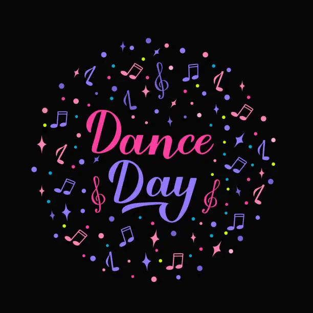 Vector illustration of International Dance Day calligraphy hand lettering on black background. Easy to edit vector template for typography poster, logo design, banner, party invitation, postcard, sticker, flyer, etc.