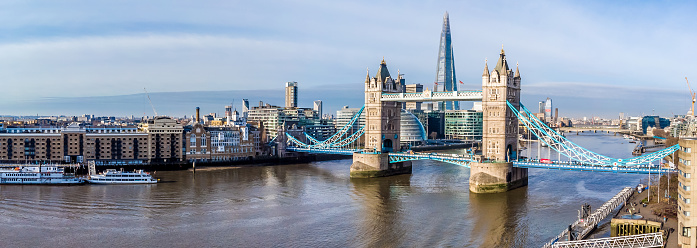 Aerial view on Tower Bridge and Shard in sunny day, London, UK