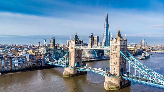 Aerial view on Tower Bridge and Shard in sunny day, London, UK