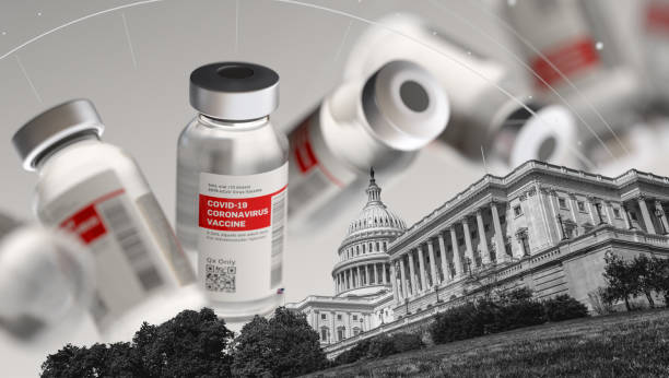 Capitol Hill blood test vials during covid-19 pandemic Capitol Hill COVID-19 vaccine, abstract USA coronavirus pandemic concept, State Building Washington DC, USA, 3d illustration united states capitol rotunda photos stock pictures, royalty-free photos & images