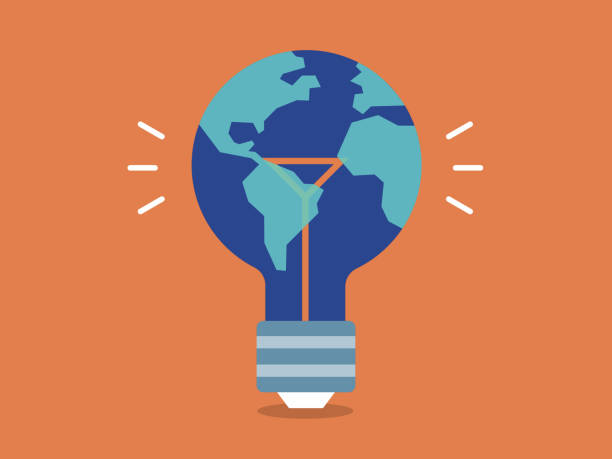 Illustration of planet earth as a lightbulb—ecology, innovation, clean energy Modern flat vector illustration appropriate for a variety of uses including articles and blog posts. Vector artwork is easy to colorize, manipulate, and scales to any size. better world stock illustrations