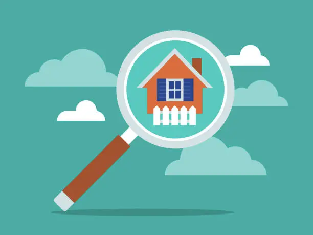 Vector illustration of Illustration of real estate search with magnifying glass
