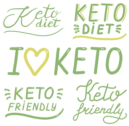 Keto diet, friendly, lettering calligraphy set,  colorful isolated handwritten green text on white background. Diet, healthy food, wellness, ketosis, ketogenic. Vector, eps