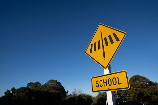 School crosswalk sign with blue sky.