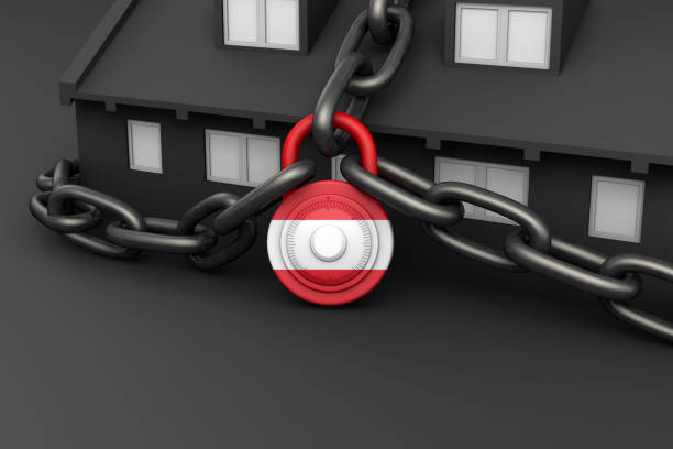 3D rendering of lockdown and quarantine concept. National Lockdown in Korea Due to Global Pandemic. Fight Against the Spreading of Coronavirus. House chained with padlock. Stay home stay safe.