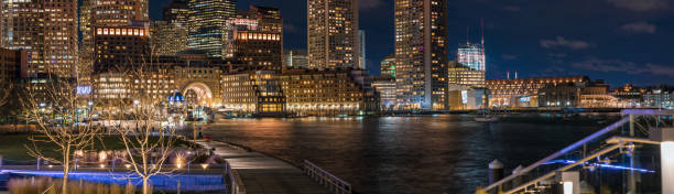 Panorama Boston Harbor and Financial District skyline at sunset in Boston