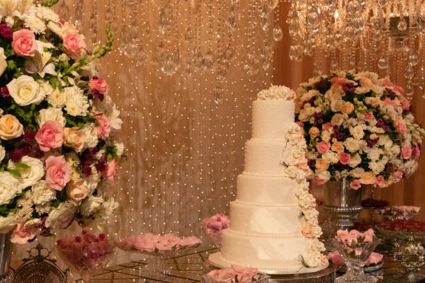 istock Wedding Setup. Cake table with sweet, decoration and flowers 1218302677